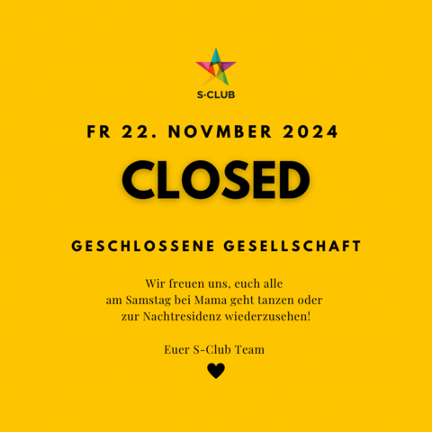 Diesen Freitag haben wir eine geschlossene Gesellschaft. 🔒 

Wir freuen uns dafür doppelt auf Samstag, um mit Fuldas besten Party-People die Nacht durchzufeiern! 😎

Wir starten schon um 20 Uhr, denn bei uns tanzen wieder die Mamas!💃🏽 Tickets & Infos findet ihr bei @mamagehttanzen_fulda 🎫

Ab 23 Uhr gehen wir direkt in die Nachtresidenz über.🪩 Von @dj_ben_wild gibt’s Mixed Club Music all Night Long. Für alle Ladies ist der Eintritt von 23 bis 0 Uhr frei und alle Studis zahlen mit Ausweis nur 5€. 🥳

Seid ihr dabei ? 

#NightLife #PartyTime #Clubbing #DanceFloor #LiveMusic #DrinkResponsibly #GoodVibesOnly #WeekendVibes #DJSet #LateNight #ClubLife #DanceTillDawn #MusiclsLife #SaturdayNightFever #TurnUp #NightOut #DancingQueens #LetLoose #BeatDrop #CheersToTheWeekend #sclubfulda  #wochenende #weekendvibes 
#partyfüralle #drinks #sclubisback #friday #saturday #sleepisfortheweek  #partyfulda